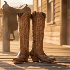 Tuhoomall Western Over-the-Knee Boots for Women, Floral Embroidered Chunky Heel, Comfortable Slip-On, Stylish for Travel and Outdoor Fashion