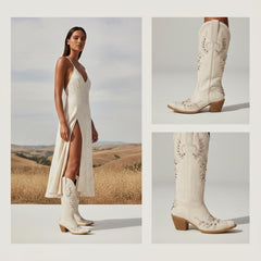 Tuhoomall Western Cowgirl Boots, Slip-On Mid Calf with Chunky Heel, Floral Embroidery for Parties and Casual Wear