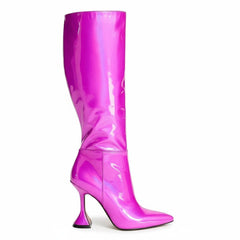 Tuhoomall Iridescent Mid Calf Stiletto Heeled Boots for Parties and Performances, Fashionable Vegan Leather, Pointed Toe, Easy Slip-On, 9.5cm Height