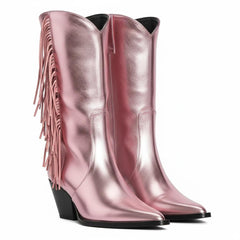 Tuhoomall Western Mid Calf Boots for Women, Metallic Bright Surface with Fringe, Slip-On, Casual Style, Chunky Heel, Perfect for Parties and Performances