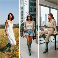 Tuhoomall Dark Green Embroidered Western Knee High Boots for Wide Calf with Chunky Heel Tuhoomall