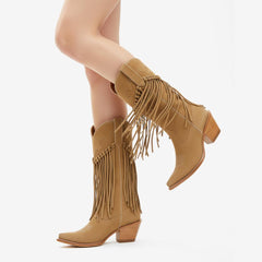 Tuhoomall Comfortable Western Knee-High Boots for Parties and Outdoor Activities with Fringe Embroidery, Rubber Sole, and 7.5cm Chunky Heel