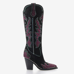 Tuhoomall Western Style High Heel Knee-High Boots with Floral Design and Rhinestones, Stylish Slip-On for Parties and Performances, 9cm Rubber Sole