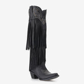 Tuhoomall Western Cowboy Boots for Women, Over-the-Knee Fashionable Performance Heels, Comfortable Pointed Toe with Fringe and Studs, All-Season Style