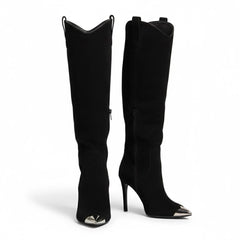 Tuhoomall Stylish High Heel Ankle Boots with Zipper, 10cm Stiletto, Rubber Sole, Metallic Shine, Denim Finish for Fashion, Casual, Office