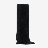Tuhoomall Style Over Knee Boots for Parties and Performances - Comfortable Vintage Design with Zipper, 8cm Wedge Heel, and Distressed Velvet Finish