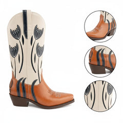 Tuhoomall Western Cowboy Boots for Women, Comfortable Floral Embroidered Mid-Calf Booties for Parties, Casual Wear and Events
