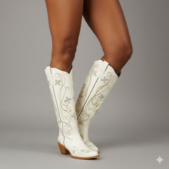 Tuhoomall Tuhoomall Western Knee-High Boots for Women, Floral Embroidered Design, Perfect for Parties, Office, and Casual Wear, 7.5 cm Classic Mid Chunky Heel