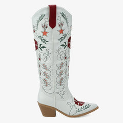 Tuhoomall Western Cowboy Knee-High Boots with Floral Embroidery, Chunky Heels for Fashion, Outdoor and Casual Wear, Unique Hollow Design, All-Season Ready Tuhoomall