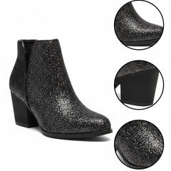 Tuhoomall Glitter Ankle Boots for Women, 3-Inch Chunky Heel, Shiny Pointed Toe, Perfect for Parties and Fashion Events