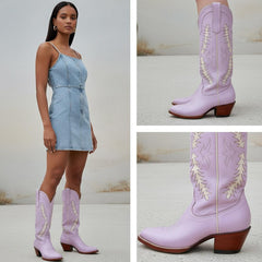 Tuhoomall Western Mid Calf Boots for Women with Rubber Sole, 5.1 cm Chunky Heel, Stylish Embroidery for Casual and Office Wear