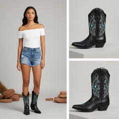 Tuhoomall Western Ankle Boots with Rhinestone Details, Faux Leather Lining, 2.36โ Heel, Embroidered Design for Casual and Performance Events