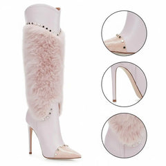 Tuhoomall Heel Fashion Boots for Women, Elegant Pointed Toe High Heels with Studs and Faux Fur, Ideal for Parties and Performances Tuhoomall