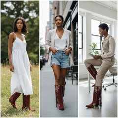 Tuhoomall Western Cowboy Boots for Women, Floral Embroidered Mid-Calf Chunky Heel, Trendy Fringe Detail, Perfect for Casual Outings and Performances