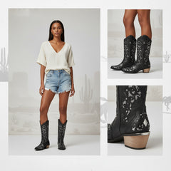 Tuhoomall Cowboy Boots for Women Western Square Toe Mid Calf White Cowgirl Boots Rhinestone Chunky Wedding