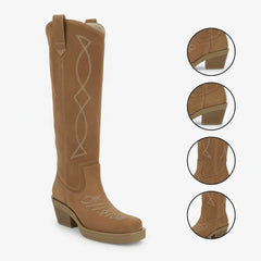 Tuhoomall Western Style Knee-High Cowboy Boots for Women, Casual Vintage Square Toe Chunky Heel, Embroidered Faux Suede, Spring Autumn Winter Tuhoomall