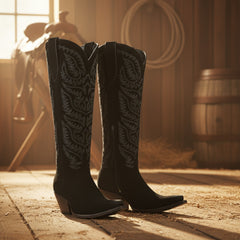 Tuhoomall Western Cowboy Knee High Boots for Women, Floral Embroidery, Comfortable Chunky Heel, Perfect for Travel and Outdoor Fashion