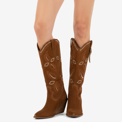 Tuhoomall Western Style Floral Embroidered Mid-Calf Boots for Women | Casual Outdoor Fashion with Sturdy Rubber Sole