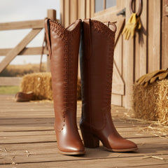 Tuhoomall Western Knee-High Boots for Women, 7cm Chunky Heels, Slip-On Style, Durable Woven Leather, Perfect for Work and Casual Occasions