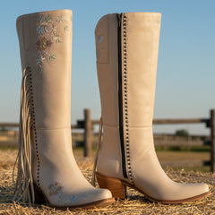 Tuhoomall Western Cowboy Boots for Women, Floral Embroidered Mid-Calf Chunky Heel, Trendy Fringe Detail, Perfect for Casual Outings and Performances