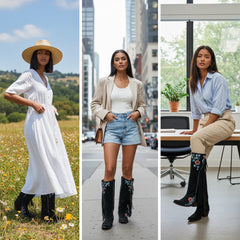 Tuhoomall Western Cowboy Boots for Women, Floral Embroidered Mid-Calf Chunky Heel, Trendy Fringe Detail, Perfect for Casual Outings and Performances