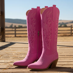 Tuhoomall Western Knee-High Boots For Women With Embroidery And Zipper, Chunky Heel For Travel, Outdoor, Fashion Casual, Party And Dance