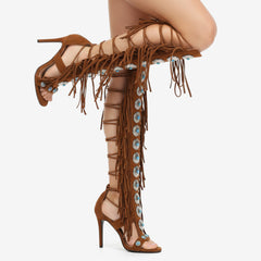 Tuhoomall High Heel Open Toe Booties with Fringe and Stone Detail for Party and Fashion Runway Events