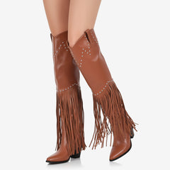 Tuhoomall Over-The-Knee High Heel Boots With Fringes And Studs For Party And Fashion Events