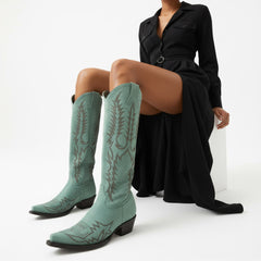 Tuhoomall Western Knee-High Cowgirl Boots with Embroidery, Chunky Heel, Slip-On Design for Outdoor Adventures