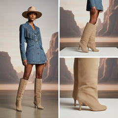 Tuhoomall Knee High Boots For Women, Slip-On Chunky Heel, Casual Style, Luxurious Synthetic Leather, Perfect For Spring, Autumn And Winter