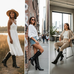 Tuhoomall Western Knee-High Boots for Women, 7cm Chunky Heels, Slip-On Style, Durable Woven Leather, Perfect for Work and Casual Occasions