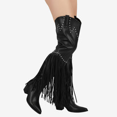 Tuhoomall Over-The-Knee High Heel Boots With Fringes And Studs For Party And Fashion Events