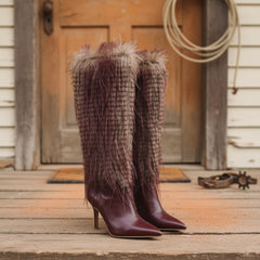 Tuhoomall Knee-High Faux Fur Booties with Zip Closure for Fashion Parties and Performances, Pointed Toe High Heels