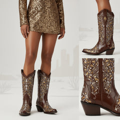 Tuhoomall Cowboy Boots for Women Western Square Toe Mid Calf White Cowgirl Boots Rhinestone Chunky Wedding