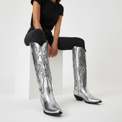 Tuhoomall Western Mid Calf Boots for Women, Embroidered Pointed Toe, Chunky Heel, Slip-On Design for Casual Style