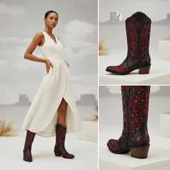 Tuhoomall Cowboy Boots for Women Western Square Toe Mid Calf White Cowgirl Boots Rhinestone Chunky Wedding
