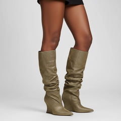 Tuhoomall Knee High Comfortable Wedge Booties With Pointed Toe For Parties, Performances, Fashion Events, Featuring Ruffled Design And Rubber Sole