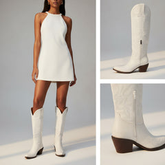 Tuhoomall Western Knee-High Cowgirl Boots with Embroidery, Chunky Heel, Slip-On Design for Outdoor Adventures