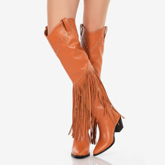 Tuhoomall Over-The-Knee High Heel Boots With Fringes And Studs For Party And Fashion Events