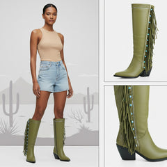 Tuhoomall Western Cowboy Knee-High Boots for Women, Comfortable Suede with Fringe & Metallic Accents, Stylish Block Heel for Outdoor Fashion