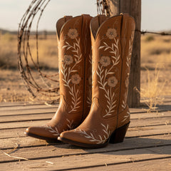 Tuhoomall Western Cowboy Knee High Boots with Floral Embroidery - Comfortable Chunky Heel for Casual, Work, Travel and Party Wear
