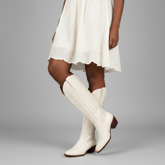 Tuhoomall Western Mid Calf Boots for Women, Embroidered Vegan Leather, Casual Chunky Heel, Spring Autumn Winter Fashion