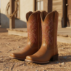 Tuhoomall Western Floral Embroidered Mid-Heel Cowboy Boots for Women, Stylish Casual Footwear for All Seasons