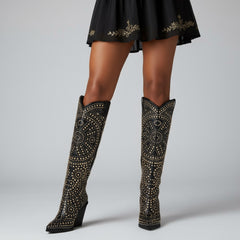 Tuhoomall Western Style Mid Calf Cowboy Boots with Chunky Heel, Pointed Toe, Zipper Closure, Studded Design, Vegan Leather, Ideal for Spring, Fall & Winter