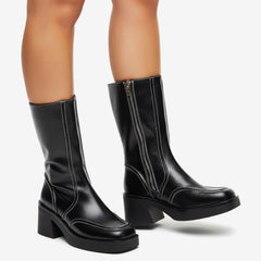 Tuhoomall Fashionable Casual Mid-Calf Boots for Travel and Outdoor, Comfortable Chunky Heels with Metal Zipper and Color Block Design