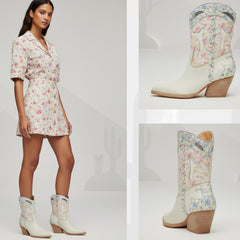 Tuhoomall Floral Ankle Cowboy Boots for Women, Low Chunky Heel 2.75 in, Elegant Vegan Leather, Perfect for Casual and Formal Occasions