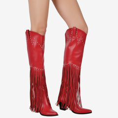 Tuhoomall Over-The-Knee High Heel Boots With Fringes And Studs For Party And Fashion Events