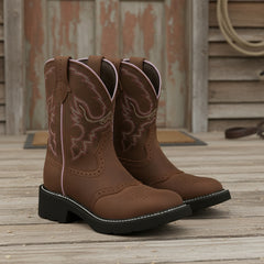 Tuhoomall Western Cowboy Ankle Boots for Women, Floral Embroidery Low Heel Short Booties, Fashion Casual Everyday Wear