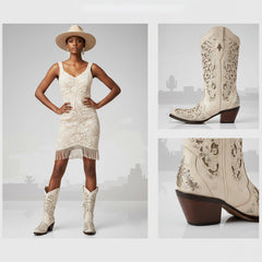Tuhoomall Cowboy Boots for Women Western Square Toe Mid Calf White Cowgirl Boots Rhinestone Chunky Wedding