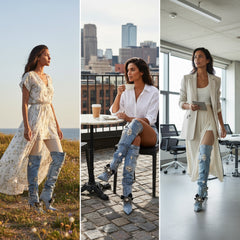 Tuhoomall Knee-High Stiletto Boots With Ruched Design, Pointed Toe, Jewel Embellishments, Stylish Slip-On, Perfect For Parties And Performances